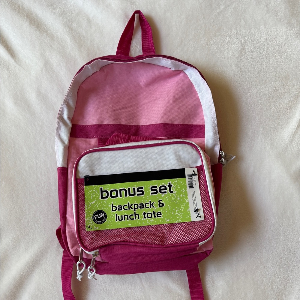 Girls School Backpack Lunch Box Pink White New